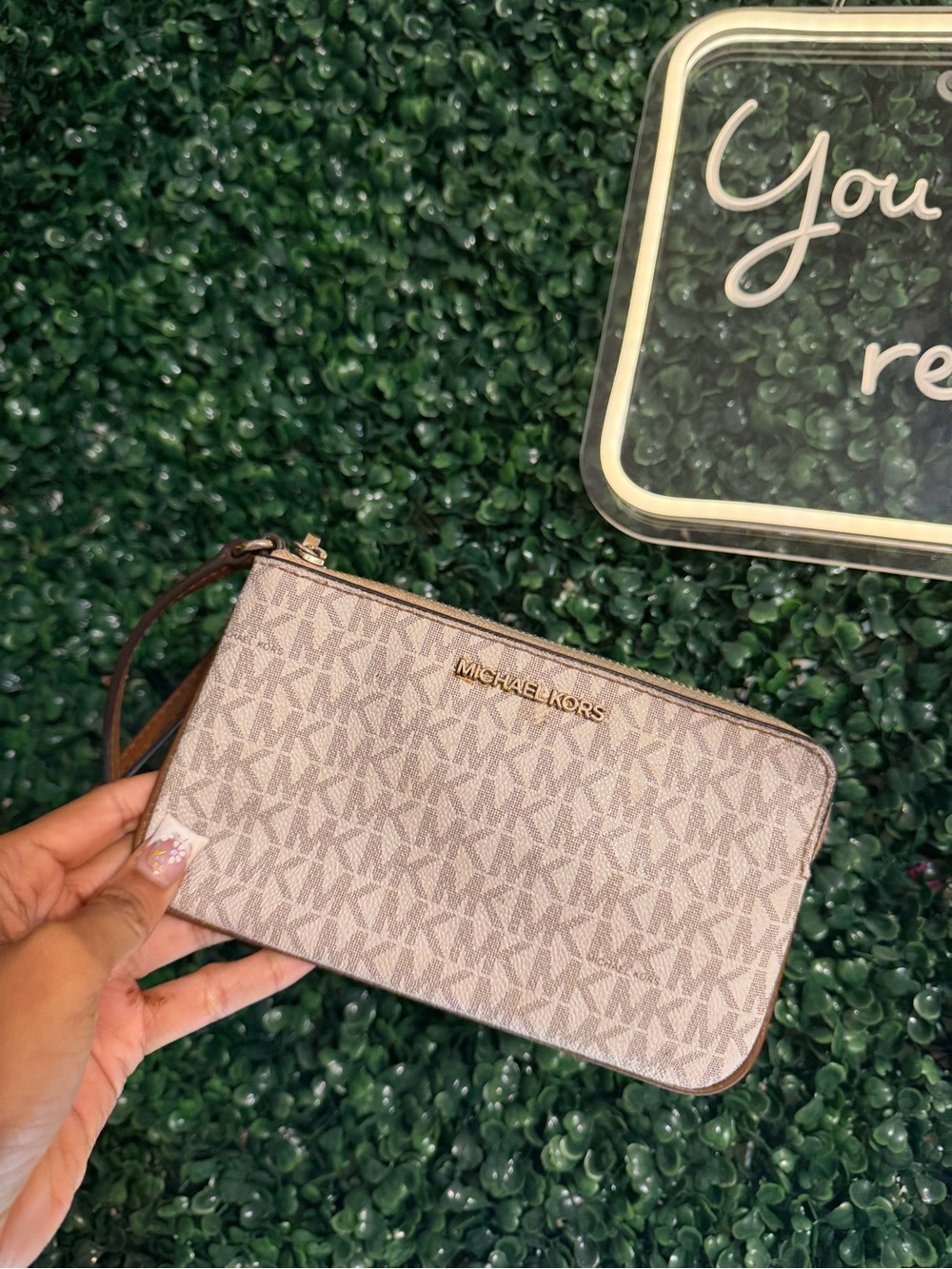 Michael Kors Taupe Signature Wristlet with Gold Logo